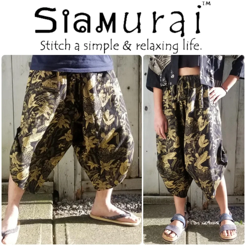Samurai Pants 🎋 Black & Golden Koi • Elastic Waist One Size Unisex • Thailand - Picture 2 of 6